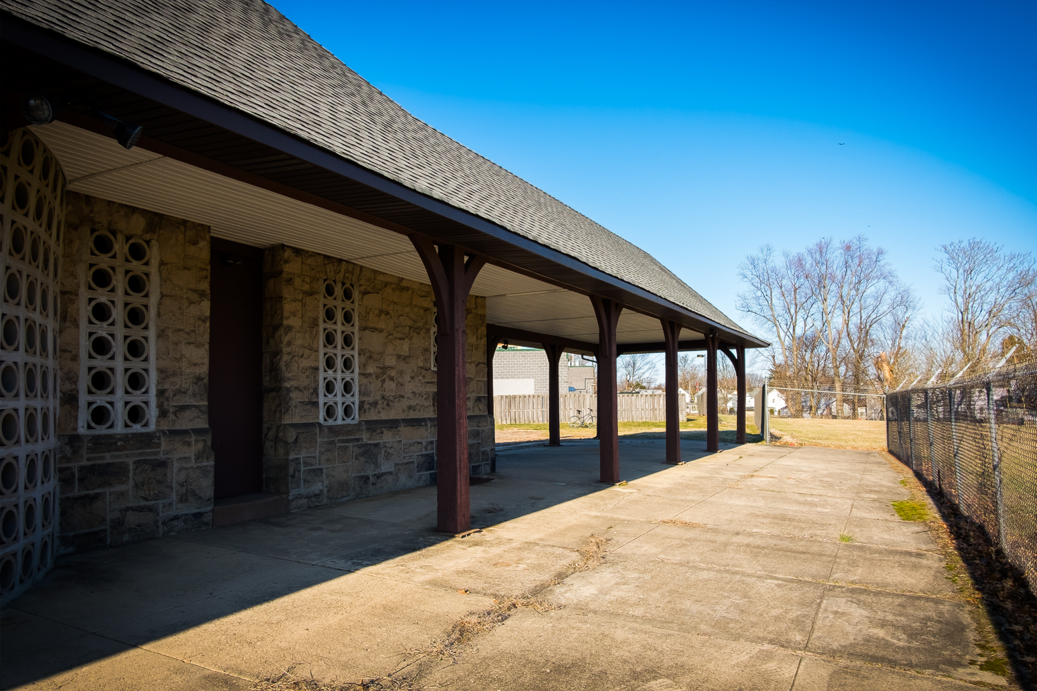 former CRRNJ railroad depot platform in Freehold Boro, exterior view